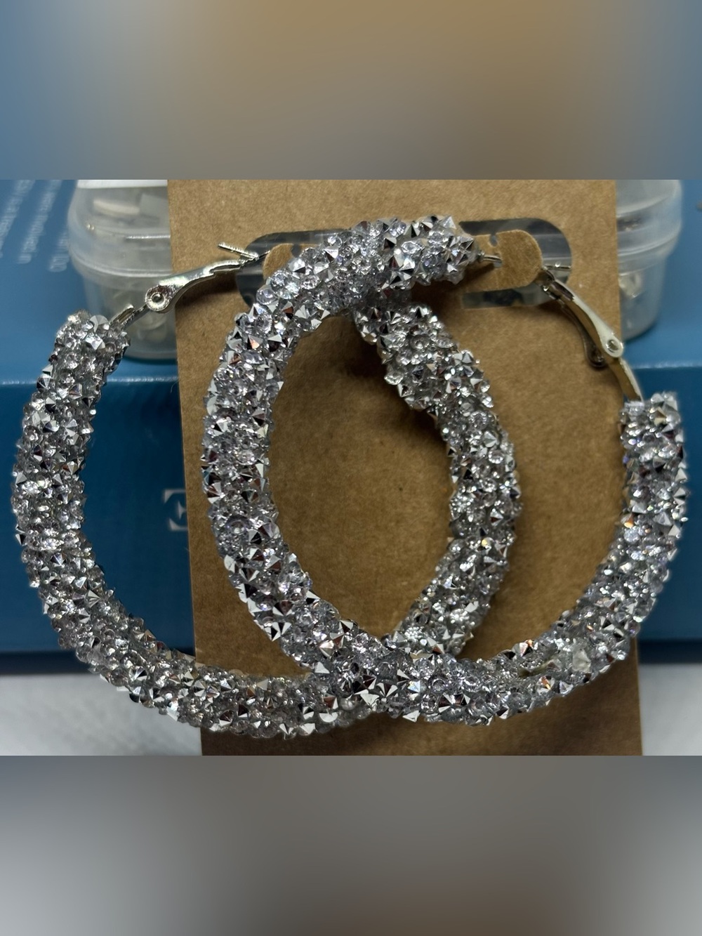 Silver Glitter Crystal Pave Covered Hoop Earrings Hinge Back